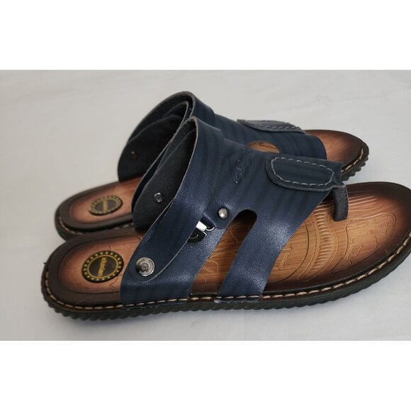 XiuXian Men's Navy Blue/Brown Fashion Leather Flip Flop Slipper Sandal Size 42 - Picture 4 of 10